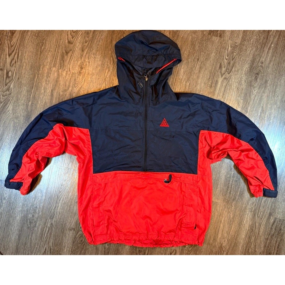 Nike ACG Vintage Anorak Windbreaker Jacket Red Black Hooded Pullover Large